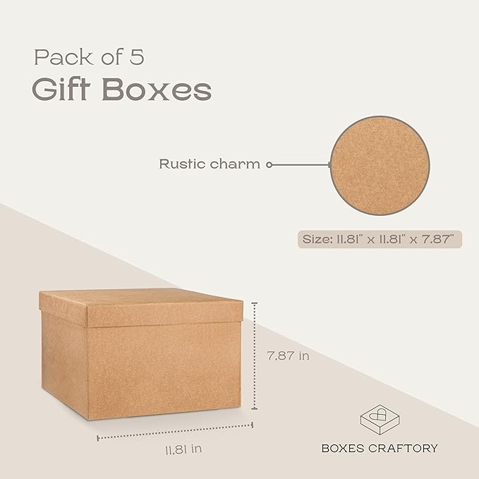 Pack of 5 Gift Boxes with Lids (11.81 x 11.81 x 7.87 inch) - Ideal for Christmas, for Bridesmaid Proposal and Presents - Havana Large Gift Box