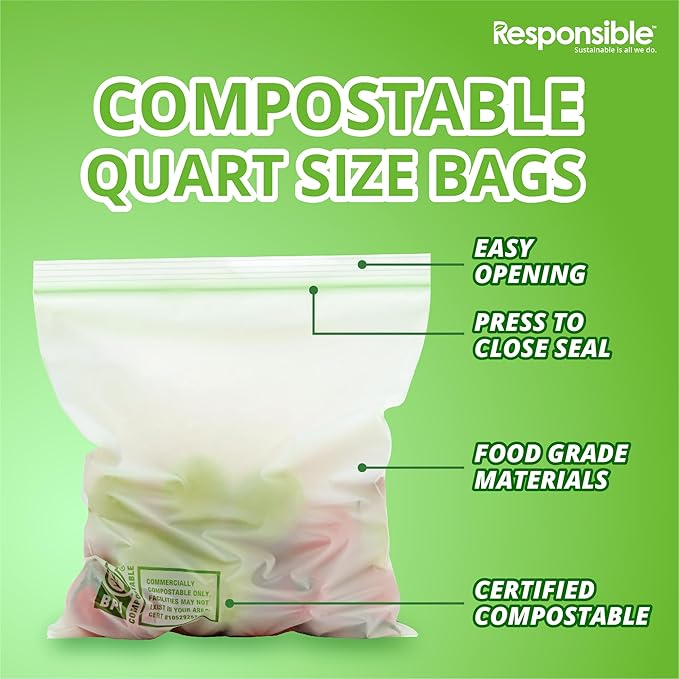 Certified Compostable QUART Resealable Zip Bag, Extra Strength Food Bags, Plant-Based Freezer-Safe (116 Pack)