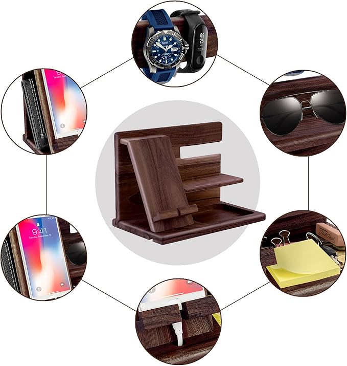 Gifts for Men Christmas, Wood Phone Docking Station, Mens Gifts for Birthday or Gifts for Dad Fathers Day, Desk Workspace Organizer Nightstand Organizer Key for Wallet & Watch Holder Husband Christmas