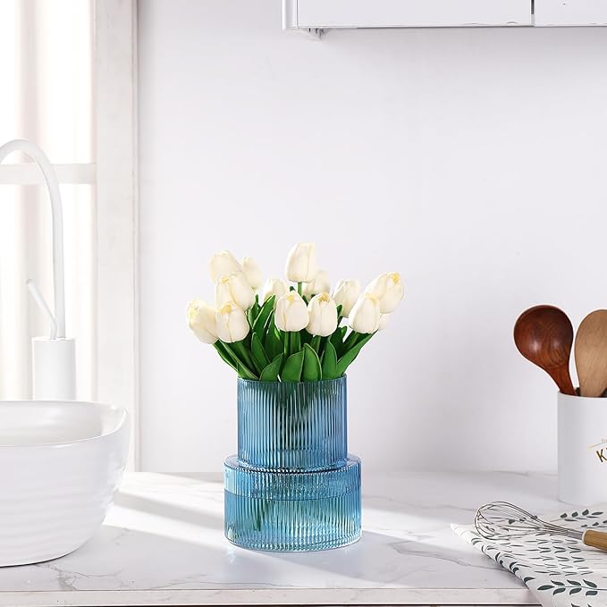 Blue Glass Vase, Ribbed Glass Vase, Fluted Glass Vase, Flower Vase for Bouquet, Ribbed Vase for Flowers, Blue Vase for Living Room, Dining Table, Entryway, Shelf, Wedding, Office,7.5 Inches