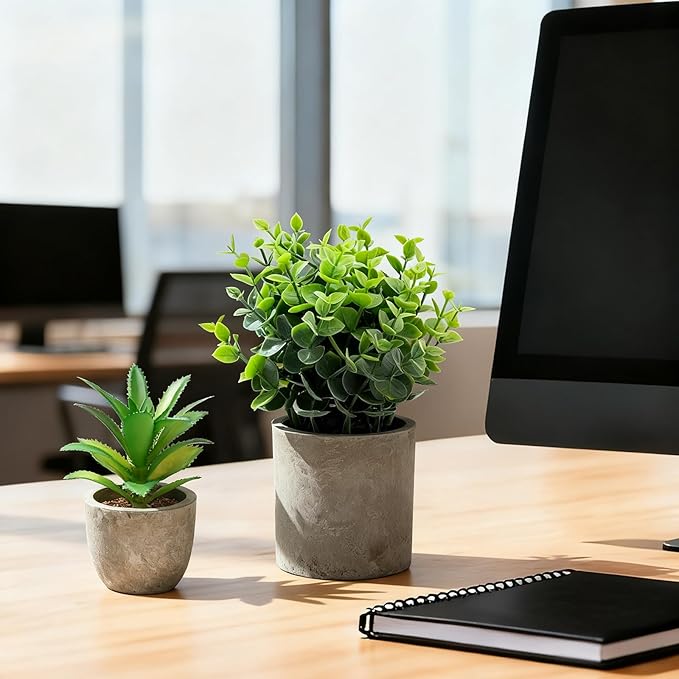 Artificial Potted Plants Faux Greenery in Cement Pots for Shelf, Bookshelf, Office or Home Decor, Small Decorative Fake Plants for Modern Indoor Display (9, XXXL)