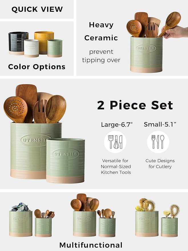 YHOSSEUN Kitchen Utensil Holder, 6.7"+5.1" Ceramic Utensil Holder for Kitchen Counter, Oval Cooking Utensil Crocks for Countertop, Utensil Storage Organizer Set of 2, Green