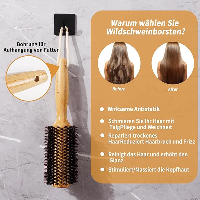 Vista Round Hair Brush with 10mm Boar Bristle 15mm Nylon Bristle Hairbrushes for Women Bamboo Hair Brush Styling with Tail Comb for Blow Drying, Shiny, Smooth, Long, Curly Hair