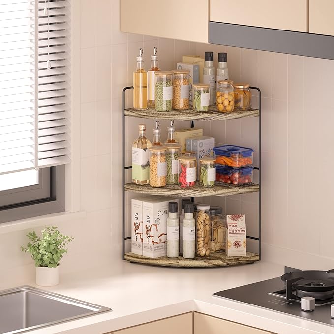 ZGO 3-Tier Bathroom Organizer - Countertop & Corner Organizer, Makeup & Skincare Storage, Kitchen Counter Shelf - Wood