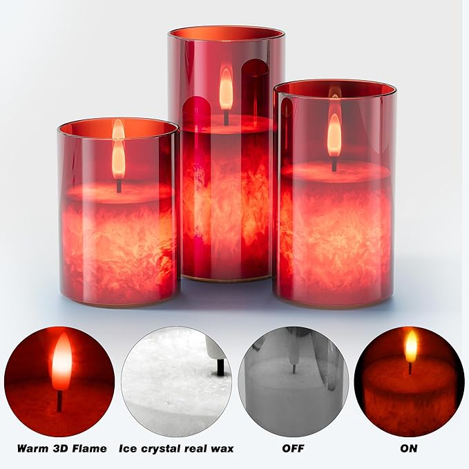 Ice Crystal Real Wax Glass Flameless Candles with Remote & Timer, Battery Operated Candles with Warm Flickering Flame, Realistic LED Candle for Wedding Home Decor [D3×H4/5"/6"] Red, 3Pack