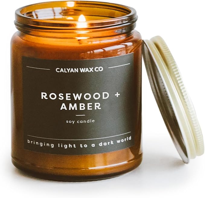 Calyan Wax Co. Rosewood & Amber Scented Candle - 57 Hour Burn - Luxury Non Toxic Soy Wax Candles - Long Lasting Amber Glass Jar Candle for Home - 7.2oz