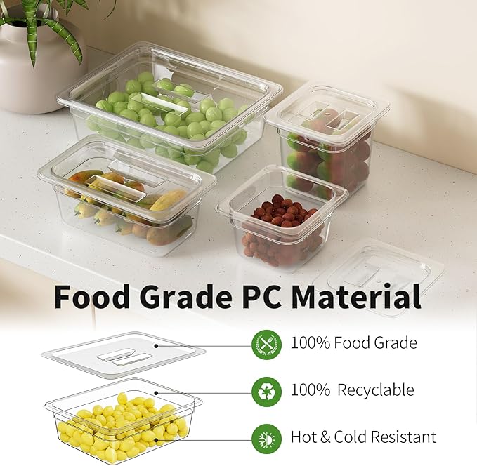 1/2 4'' 6 Pack Plastic Food Pans With Lids, Clear Food Pan, Commercial Stackable Polycarbonate Freezer-Safe for Fruits Vegetables Restaurant Kitchen