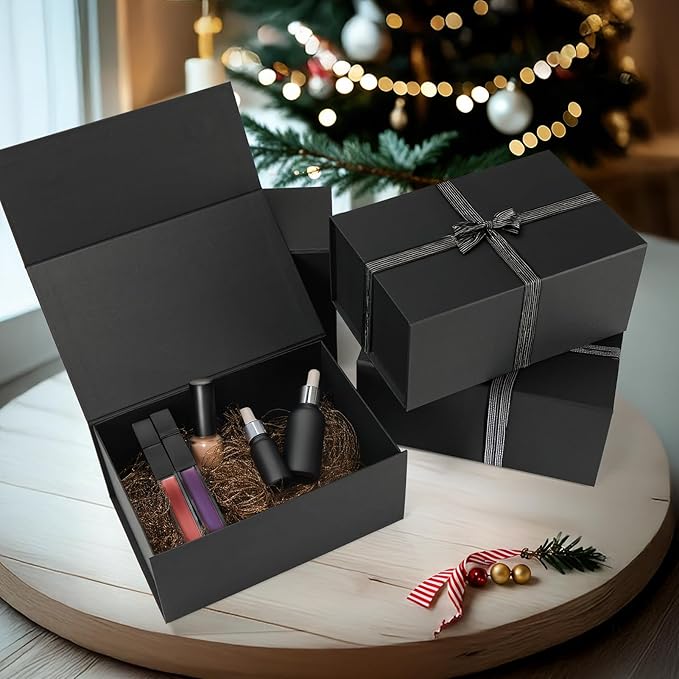 Schliersee 4Packs 9x6x4 Gift Box with Magnetic Lid for Present, Black Gifts Wrap Box for Birthday, Wedding, Groomsmen Bridesmaid