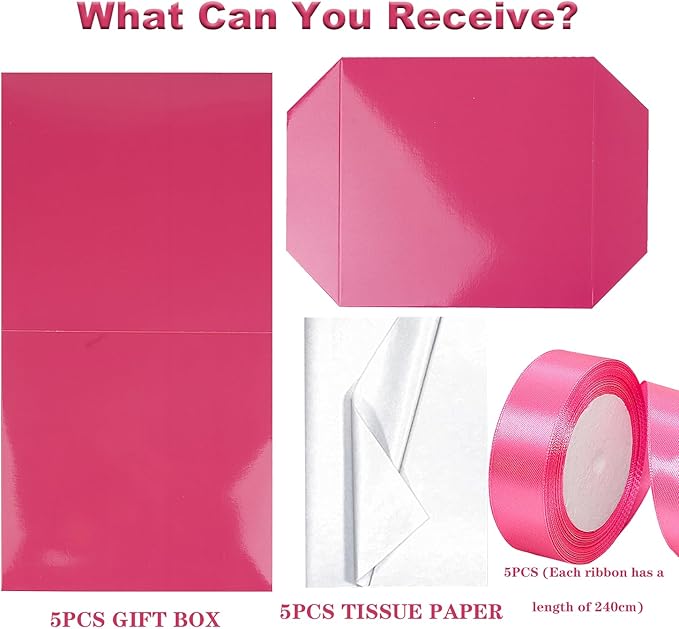 Jaywayang 5 Pack Pink Gift Boxes with Lids, Ribbons and Tissue Papers Square Gift Boxes - 7.1 Inch - Birthday, Wedding, Presents Wrapping, Mother's Day, Valentine's Day Decoration Party Favor Boxes.