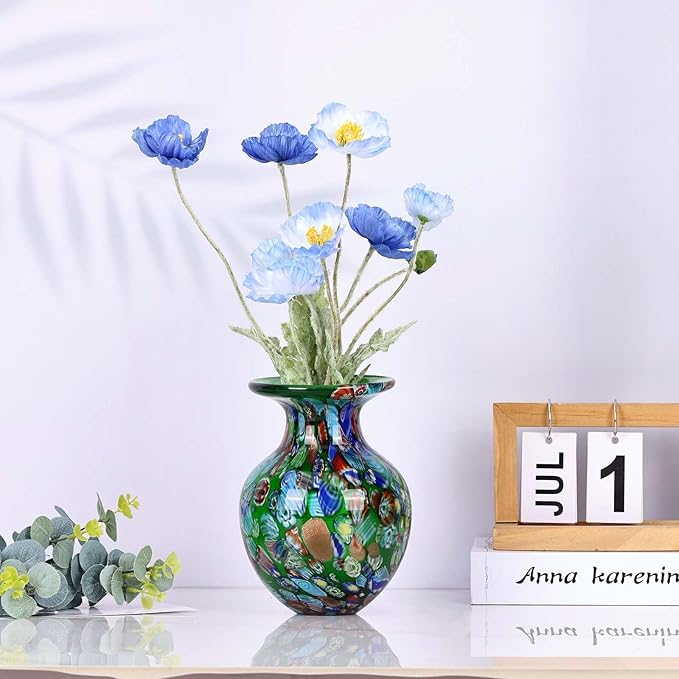 Hand Blown Glass vase, Colorful Glass Decorative vase, Glass Art Green vase for Bookshelf Coffee Table Floor Mantelpiece Entry Table top TV Stand and Dining Table Centerpiece Decorative vase.