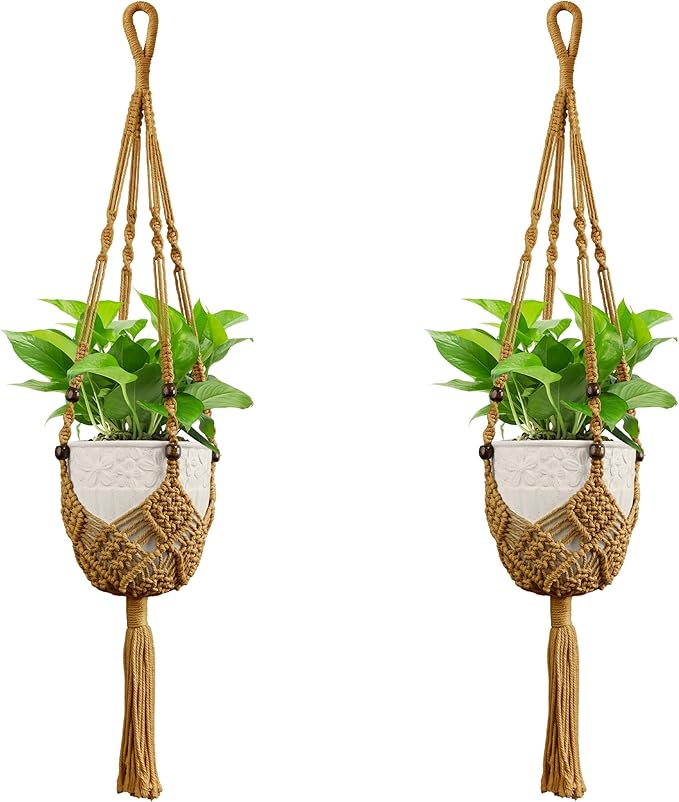 USLAI Macrame Plant Hanger for Indoor Outdoor, Up to 3-6.5 inch Pot, Hanging Planter Flower Pot Holder with Beads and Tassels, Boho Home Decor, 2-Pack, Brown