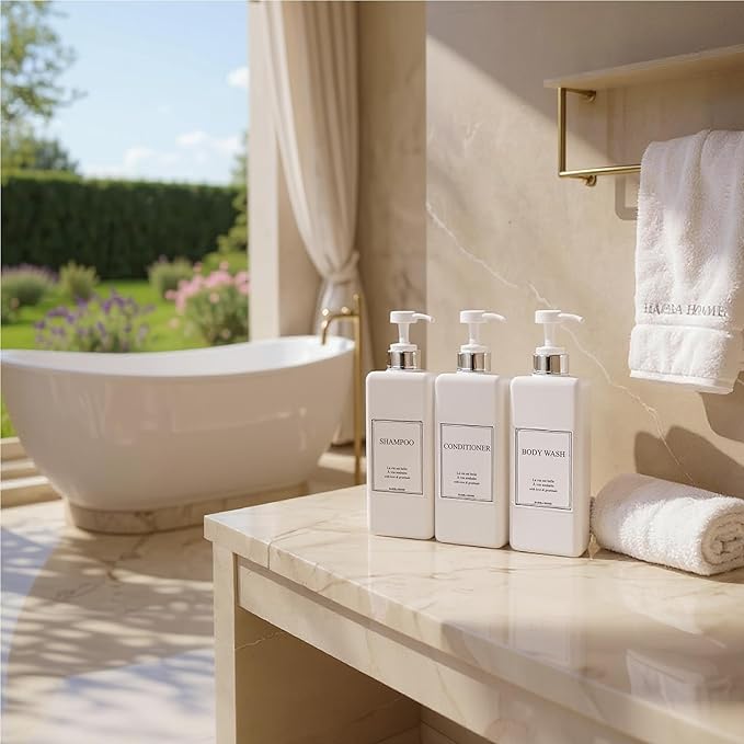 Modern Design Large 27 oz Shampoo and Conditioner Dispensers - Empty Plastic Refillable Pump Bottle Set for Bathroom Shower Soap Dispenser, Gift Box Included, Set of 3, (White & Silver)