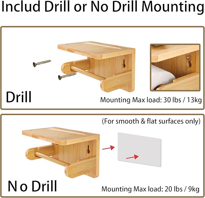 Drill-Free Toilet Paper Holder with Phone Shelf Bamboo Wall-Mounted, No-Drill & Drillable, Bathroom Storage Organizer, Space Saver Tissue Roll Rack for Bathroom, Kitchen, Home Decor (Natural)