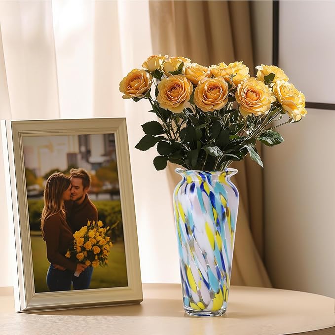 Blown Glass Colorful vase, Colorful Home Decorations, Modern Art Wide Mouth vase for Living Room Dining Coffee Table entryway TV Cabinet Bedside Table Centerpiece.