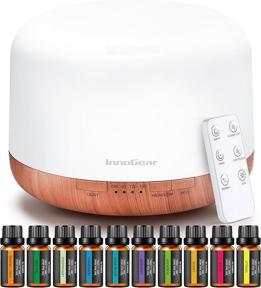 InnoGear Aromatherapy Diffuser & 10 Essential Oils Set, 500ml Essential Oil Diffuser with Remote Control Ultrasonic Cool Mist Scent Humidifier Vaporizer Auto-Off Timer for Room Office Home, Yellow