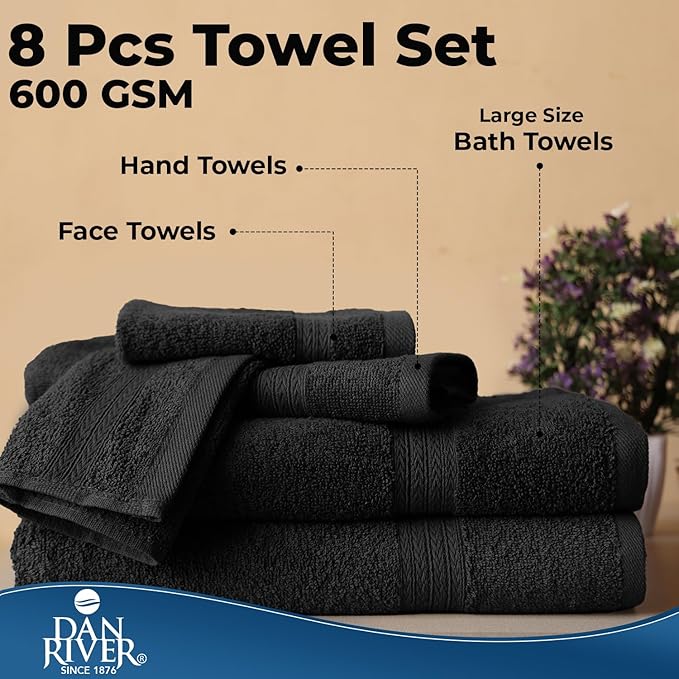 DAN RIVER 8 PC Luxury Bath Towels for Bathroom, 2 Bath, 2 Hand, and 4 Wash Cloths, 600 GSM 100% Ring Spun Cotton Towel Set, Highly Absorbent, Gym, Hotel, and Spa, Black