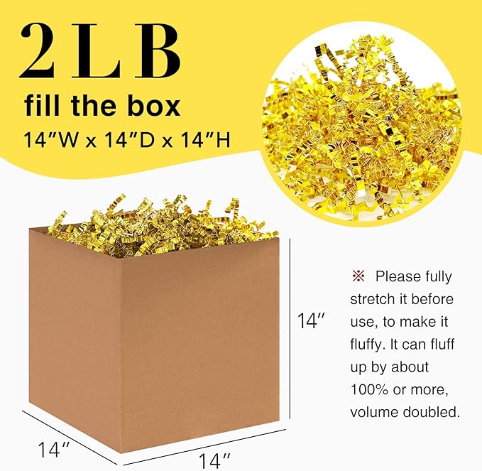 2LB Crinkle Cut Paper Shred Filler for Bag Gift Box Basket Confetti Paper Shreded Stuffing Decoration for Valentine's Day Holiday Party(Gold)