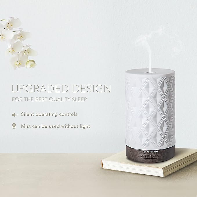 Earnest Living Essential Oil Diffuser for Home White Ceramic 100ml Aromatherapy Diffuser with 4 Timers 7 Night Lights and Auto Off Function (no Beep!) for Essential Oils