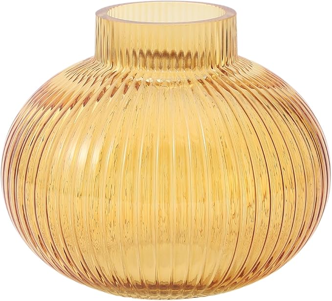 Amber Glass Vase for Tulips, Ribbed Glass Vase for Flowers, Round Flower Vases, Small Short Vases for Living Room, Office, Coffee Table, Shelf, Wedding, 6 Inches