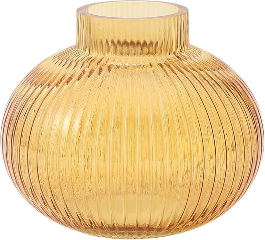 Amber Glass Vase for Tulips, Ribbed Glass Vase for Flowers, Round Flower Vases, Small Short Vases for Living Room, Office, Coffee Table, Shelf, Wedding, 6 Inches