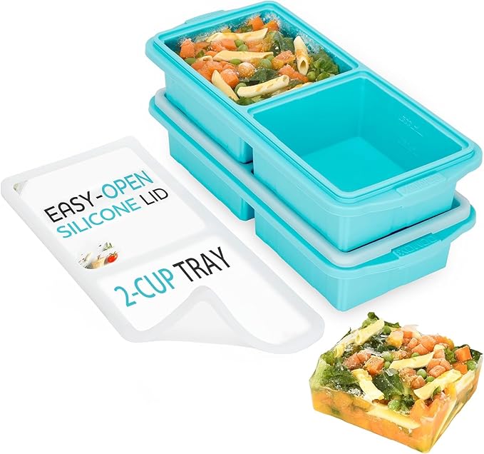 Silicone Freezer Tray With Lid-Soup Freezer Container molds-2-cup Extra Large Ice Cube Tray-makes 4 perfect 500ml portions cubes, For freezing soup,stews,sauces.Oven&Dishwasher-Safe(2-Pack)