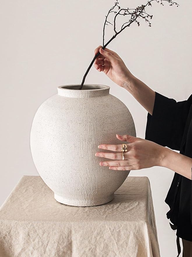White Ceramic Vase - Large 12.5 Inch Round Floor Vase for Centerpieces, Farmhouse Rustic Minimalist Home Decor (Sandstone White)