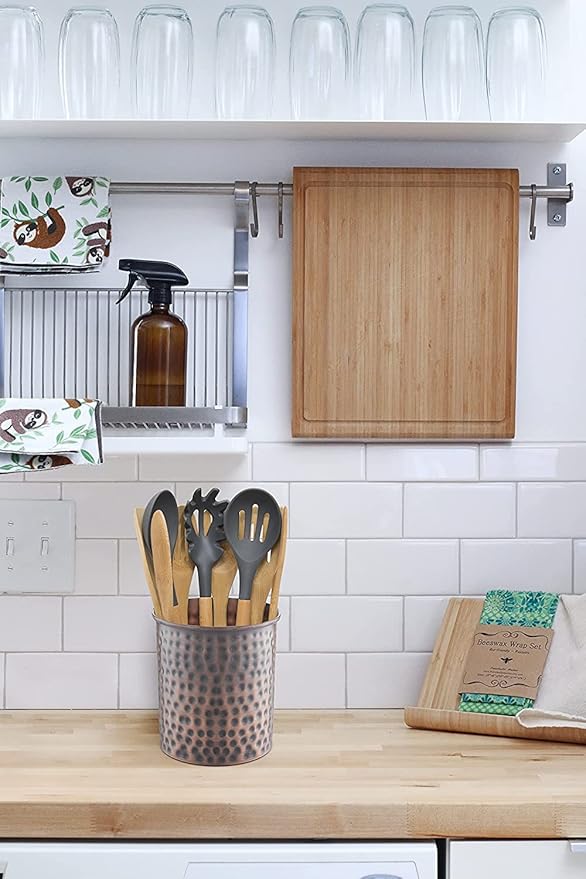 Monarch Abode Hand Hammered Kitchen Utensil Holder for Kitchen Counter, Spatula, and Large or Small Spoon Holder, Decorative Cooking Utensil Crock Organizer for Countertop, Antique Copper Finish