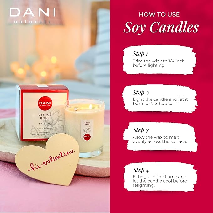 DANI Naturals Soy Candle - Citrus Rose Scented, 100% Pure Soy Wax, Non-Toxic, Long-Lasting, Natural Aromatherapy - 7.5 oz