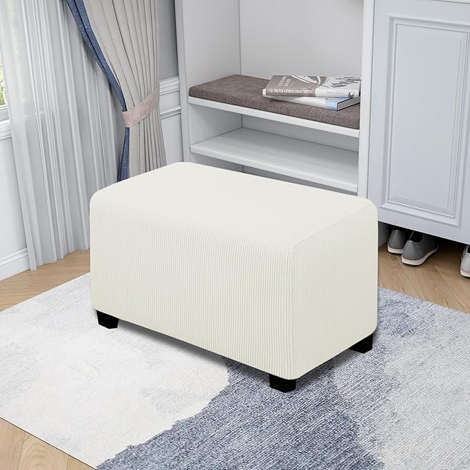Easy-Going Stretch Ottoman Cover Folding Storage Stool Furniture Protector Soft Rectangle Slipcover with Elastic Bottom (Ottoman Small,Cream)