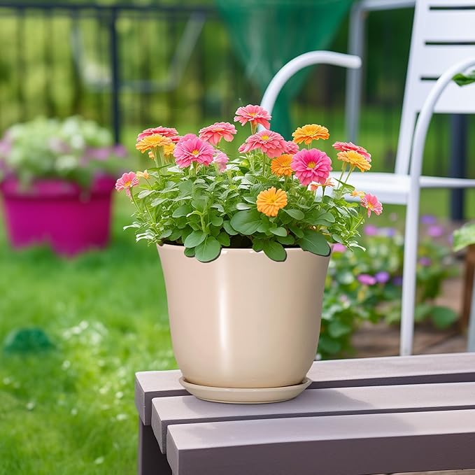 8 Inch Plant Pot - Ceramic Pots for Plants Indoor Outdoor, Round Flower Pots with Drainage Hole and Saucer, Modern Decorative Planters, Home Office Desk Room Decor, Plant Lover Gifts, Beige