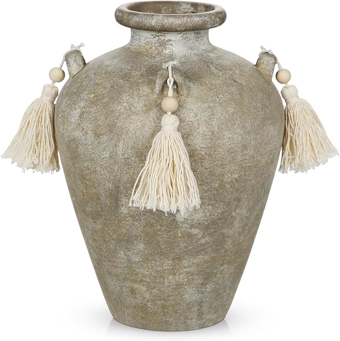 9.4" Large Ceramic Vase for Centerpieces - Rustic Farmhouse Vase with 4 Ears & Tassels, Terracotta Vintage Flower Vases for Tabletop, Desk, Living Room, Bedroom, Entryway, Holiday & Weddings Decor
