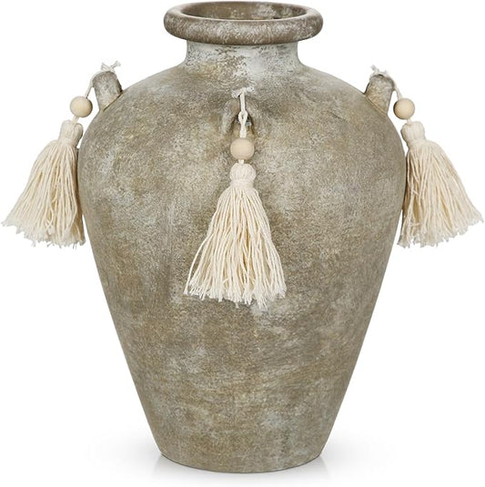 9.4" Large Ceramic Vase for Centerpieces - Rustic Farmhouse Vase with 4 Ears & Tassels, Terracotta Vintage Flower Vases for Tabletop, Desk, Living Room, Bedroom, Entryway, Holiday & Weddings Decor
