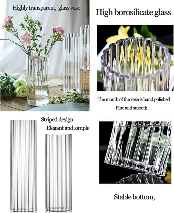 8 inch Clear Glass Flower Vases,Ribbed Vase for Centerpiece Table Home Indoor Desk Decor, Modern Boho Style Vase for Wedding House Gift
