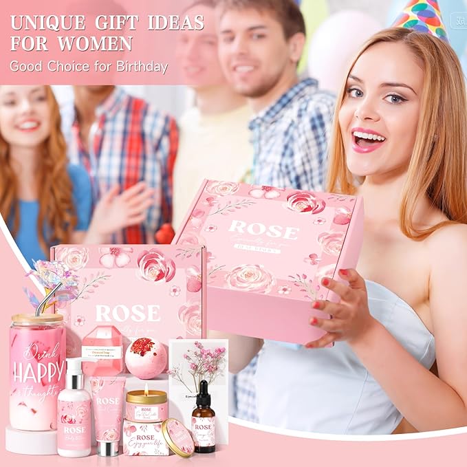 Birthday Gifts for Women, Rose Relaxing Spa Gift Basket for Women Friendship, Self Care Package Get Well Soon Thank You Gift Box, Mothers Day Gifts for Mom Her Sister Wife Best Friends Coworker Bestie