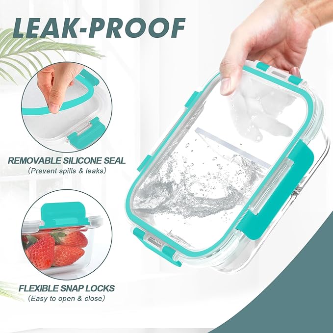 KOMUEE 30 oz 5 Pack Glass Meal Prep Containers 2 Compartments, Glass Food Storage Containers with Lids, Airtight Lunch Box, Microwave, Oven and Freezer Safe, Green