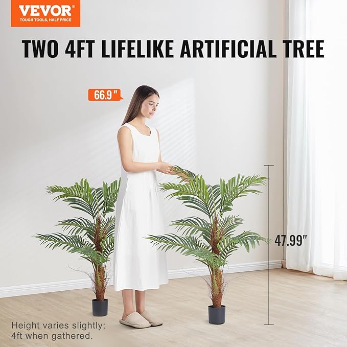 VEVOR Artificial Palm Tree, 4 FT Tall Faux Plant with 10 Artificial Leaves and Moss-Covered Potting Soil, Lifelike Green Fake Tree for Home Office Christmas Decor Indoor Outdoor - 2 Pack