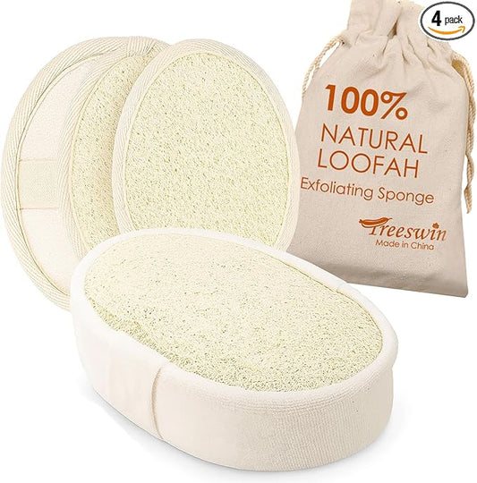 Natural Loofah Sponge, 4 Pack Exfoliating Body Scrubber for Shower, Organic Biodegradable Bath Luffa with Thin/Thick Textures, Eco-Friendly Body Exfoliator for Men & Women, Hanging Rope