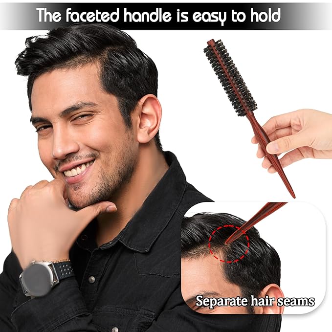 Small Boar Bristle Round Brush for Blow Drying, Styling - Wooden Handle, Soft Natural Bristles for Short/Thin Hair, Women and Men's Beard