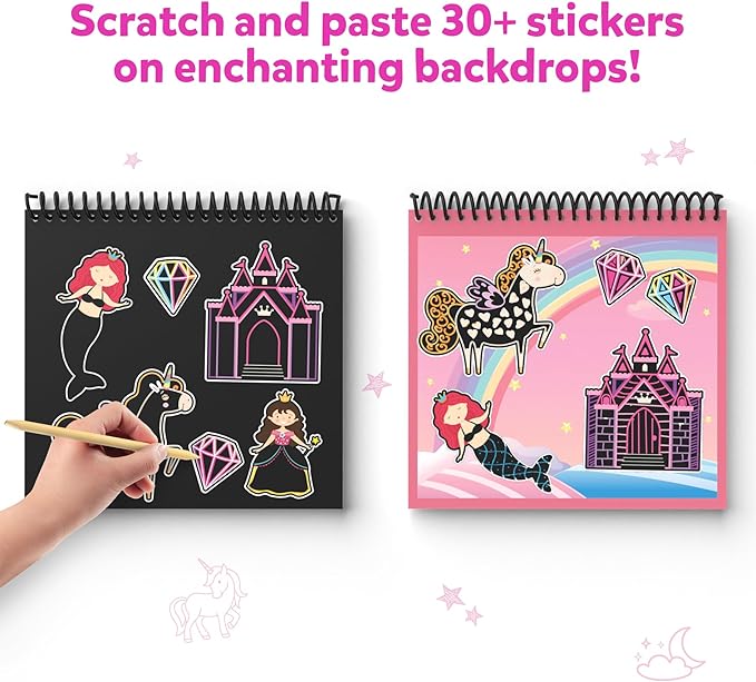Skillmatics Scratch Art Book for Kids - Unicorns & Princesses, DIY Craft Kits, Christmas Stocking Stuffers, 30+ Scratch Stickers, Travel Toys, Gifts for Girls & Boys Ages 3, 4, 5, 6, 7, 8