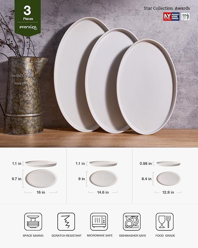 famiware Serving Platter, 16/14.6/12.9 Inch Serving Dishes for Entertaining, Party Serving Trays for Food, Buffet Oval Platters for Food, Large Plates for Bread Turkey Cheese Appetizer, Matte White