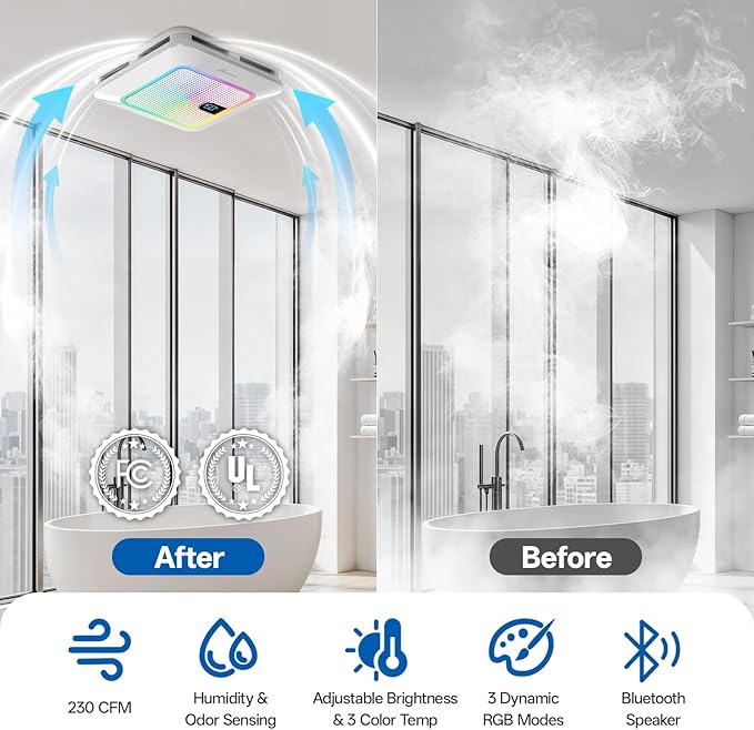 Smart Bathroom Exhaust Fan with Bluetooth Speaker, 230 CFM 1.0 Sone Exhaust Fan with Humidity & Odor Sensor, Remote/App/Voice Control, Adjustable LED Lighting & Dynamic RGB Mood Light (White)