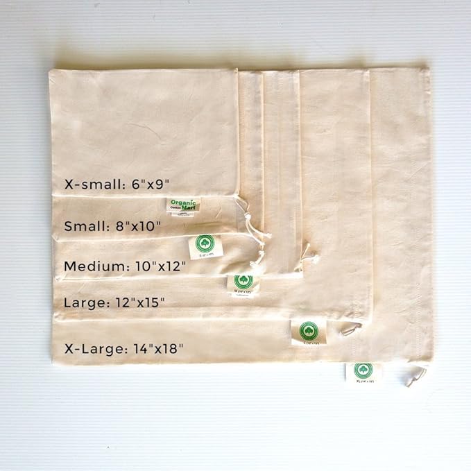 Reusable Cloth Produce Bags - Organic Cotton Cloth Vegetable Bags - Reusable Bulk Sacks for Grocery and Produce - Flour Sack Cotton Muslin Vegetable Storage Sacks (2 XL, 2 L, 2 M, 2 S)