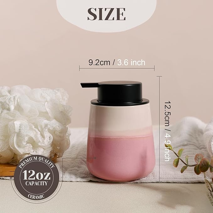 INGOFIN Ceramic Hand Soap Dispenser - 12 oz Liquid Lotion Dispenser Bathroom, Refillable Modern Dish Soap Dispenser with Pump for Kitchen, Beige and Pink