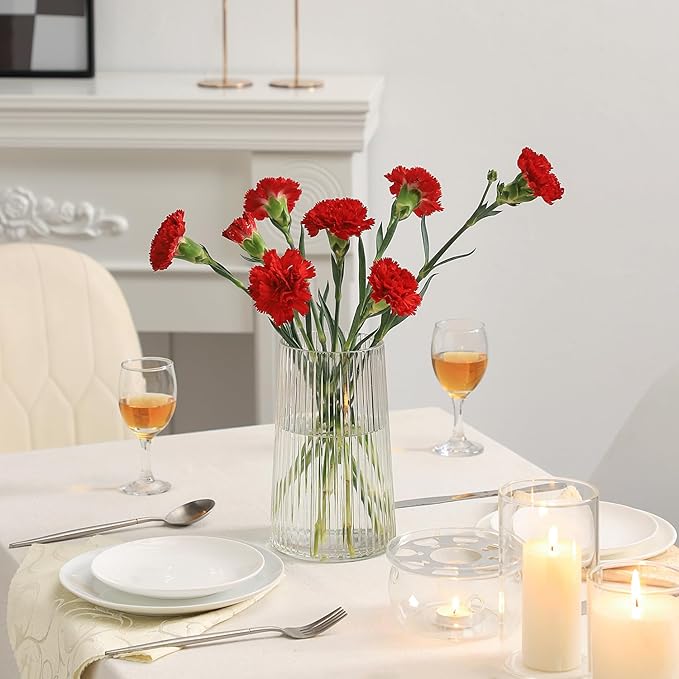 Clear Glass Vase for Flower, Flower Vase for Bouquet, Modern Glass Vases, Ribbed Vases for Living Room, Bedroom, Dining Table, Office, Wedding, Centerpieces, 8 Inches