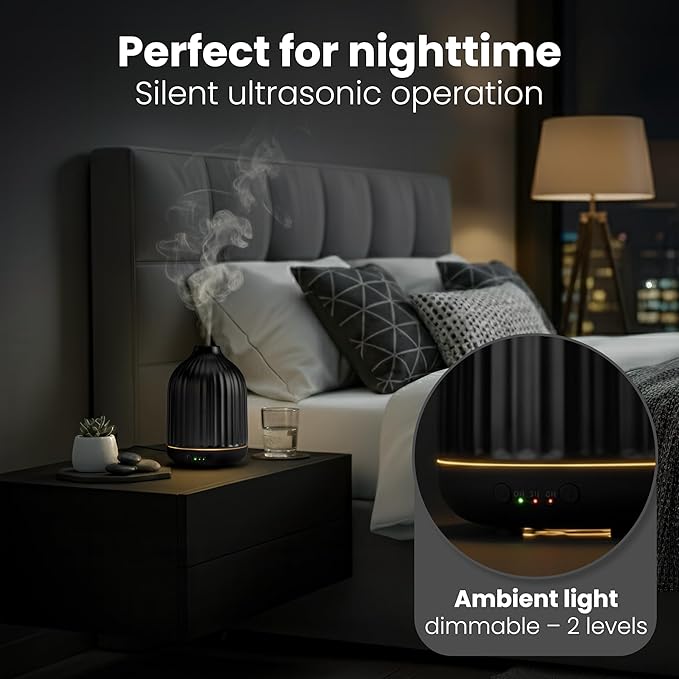 MALMØ Ceramic Diffuser (250ml) - Essential Oil Diffuser Black - Aromatherapy Diffuser - Non Toxic Oil Diffuser for Home