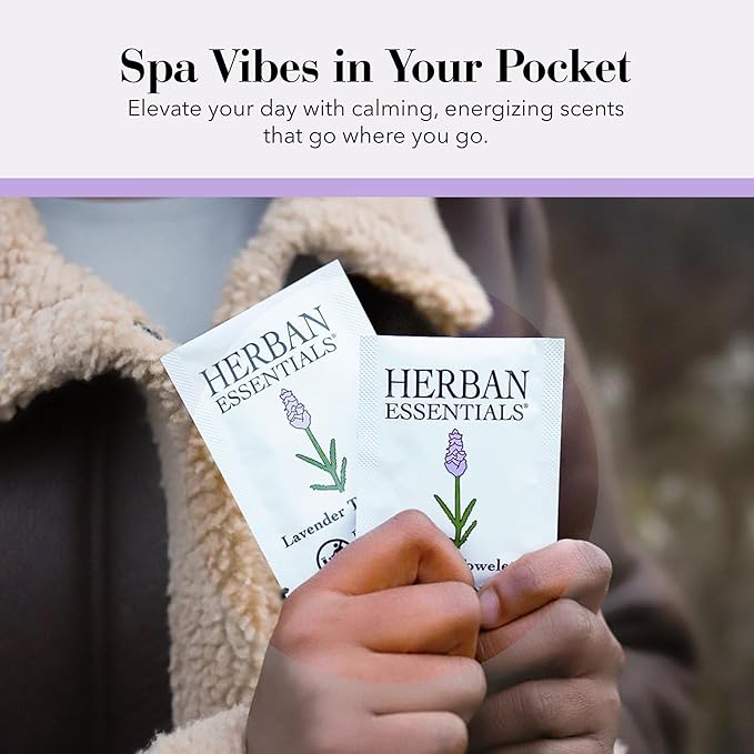 Herban Essentials - Lavender Wipes & Towelettes - Essential Oil Wipes for Make Up, Hands, Face & Body - Travel Size Essentials and Toiletries - Natural, Individually Wrapped and Disposable - 7 Count
