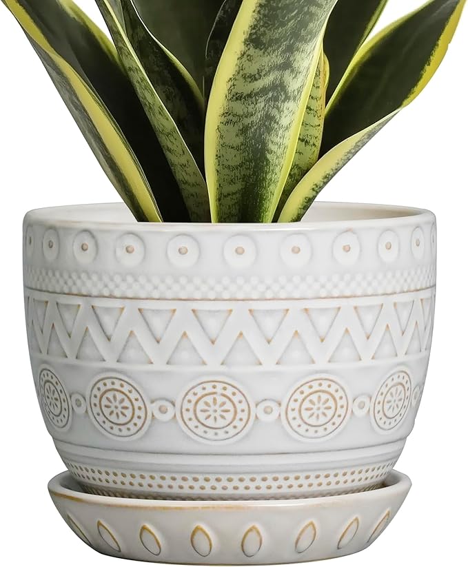 G EPGardening Ceramic Planters for Indoor Plants - 5 Inch Plant Pot for Outdoor Plants Succulent Planter with Drainage Hole and Saucer Flower Pot for Room Decor White