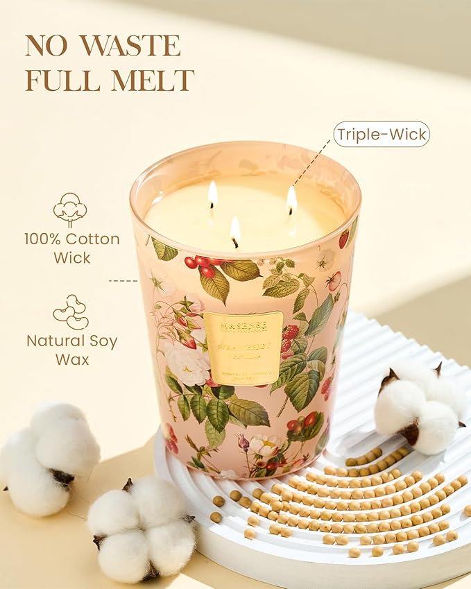 M&SENSE Extra Large Candle Strawberry Vanilla Scented, 3-Wick 35oz 150H Long Lasting, Natural Soy Aromatherapy Fall Winter Candle for Stress Relief, Festival Gifts for Home Decor