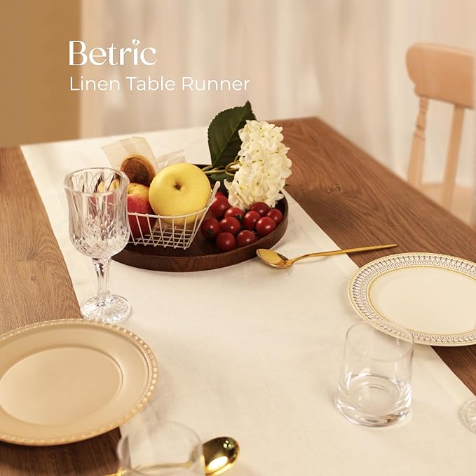 100% Pure Linen Table Runner - 14 x 90 Inch Dresser Scarf for Farmhouse Dining Table, Perfect for Fall, Thanksgiving, and Christmas -Athena -Ivory