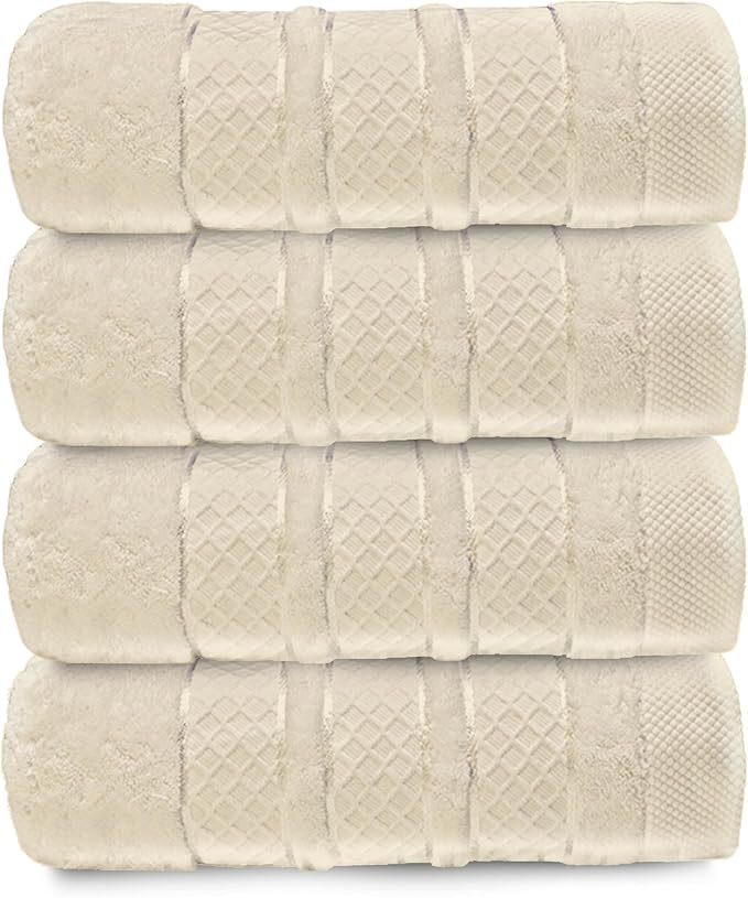 Premium Towel Set: Super absorbent, quick-drying, soft, plush. Features hanging loop, fade-resistant, eco & skin-friendly dyes. Luxury dobby design for bath or spa. (Beige, Bath Towel Set of 4)